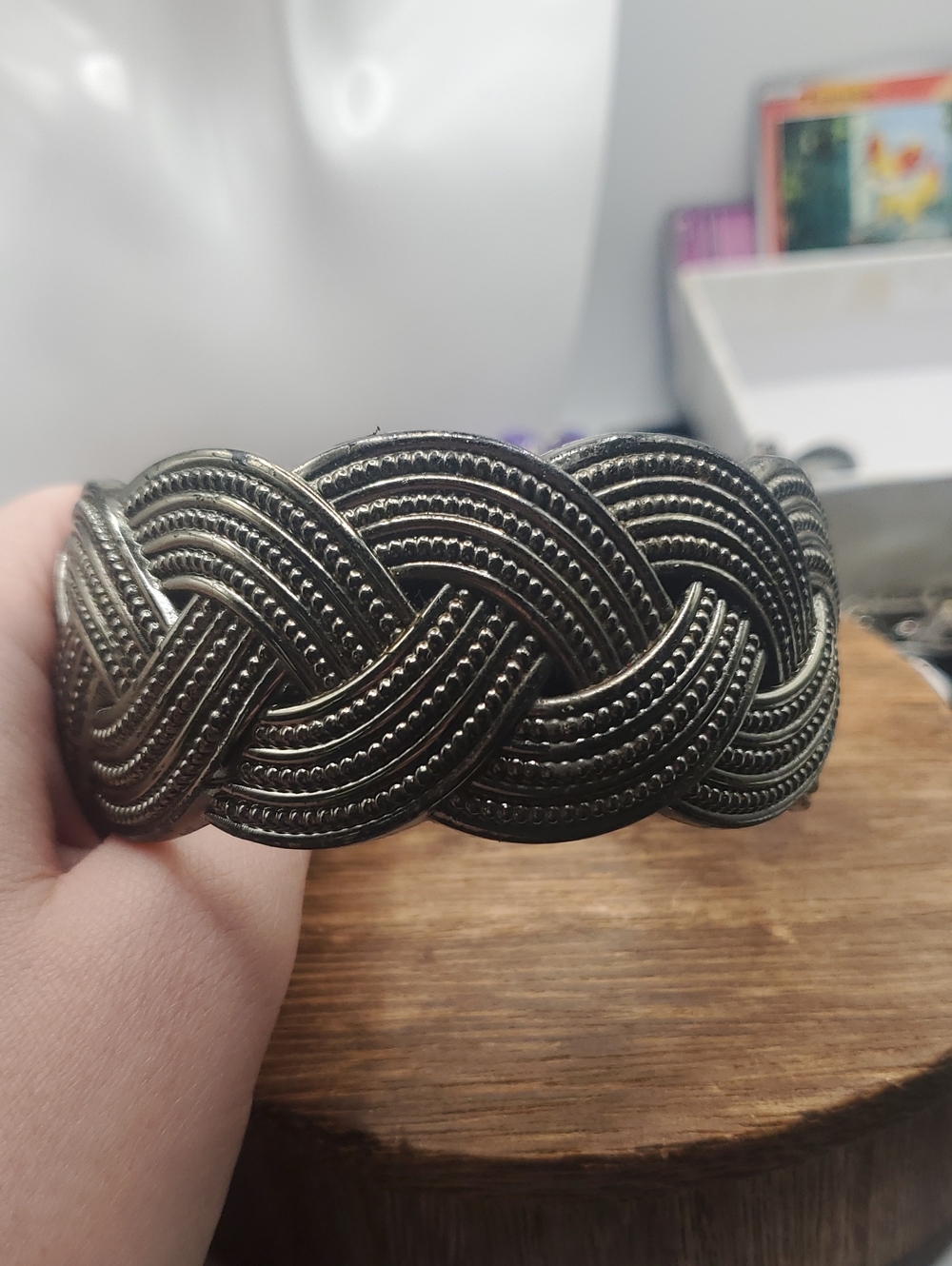 Braided Plastic  Statement Cuff Bracelet - Dark Silver Tone Overflow